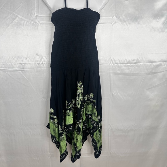 Halter Dress Womens Black Green Smocked Boho Gypsy Asymmetric Maxi Size Med - Picture 6 of 9